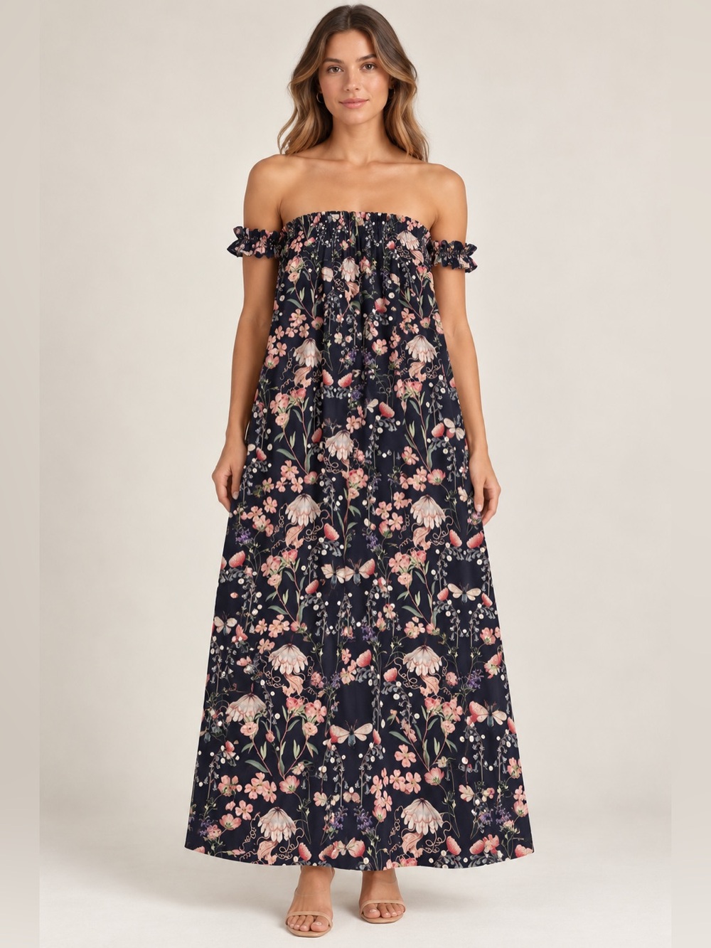 Mother of Pearl US6 Silk Floral Dragonfly Off Shoulder Maxi Dress Designer Black